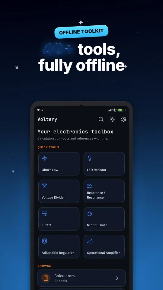Voltary home screen with quick tools — Ohm's Law, LED resistor, voltage divider and NE555 timer
