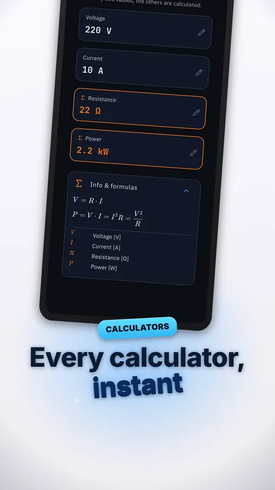Ohm's law calculator solving voltage, current, resistance and power live, with formulas