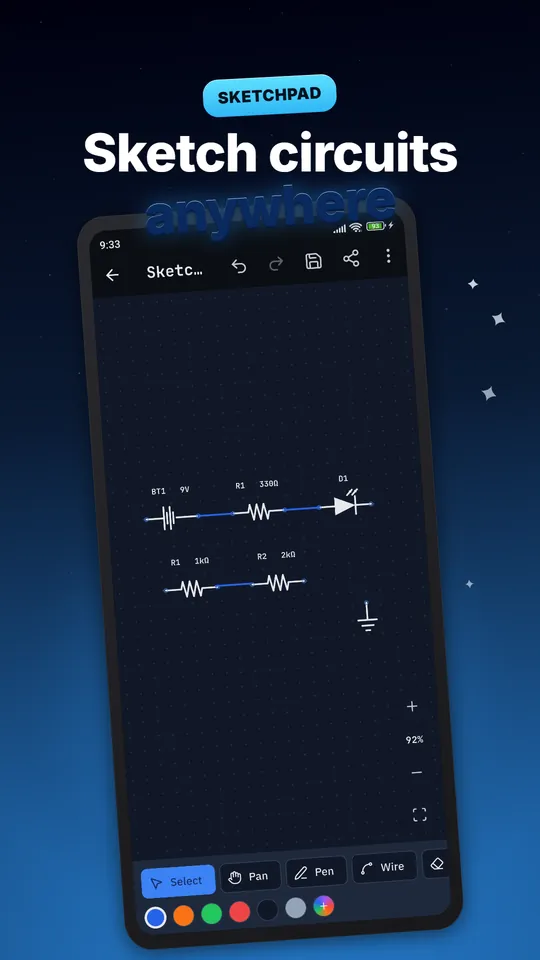 Schematic sketchpad with a battery, resistors and an LED wired on a dotted canvas
