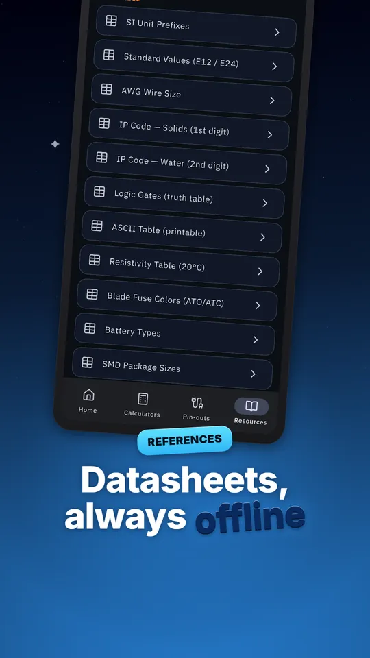 Offline reference tables — SI unit prefixes, AWG wire sizes, IP codes, logic gates and more